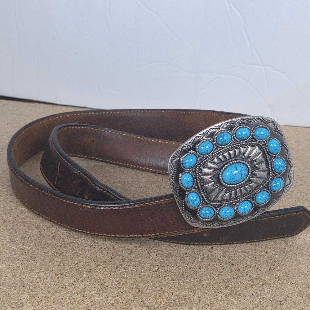 Vintage Brown Oil Tanned Leather Western boho Belt Turquoise Buckle USA 36